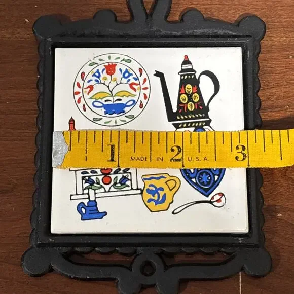 Vintage Ceramic Tile Cast Iron Trivet Folk Art Tulips Coffee Chadwick Japan - Picture 5 of 7